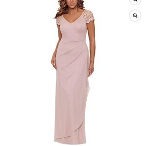 Xscape Blush Pink Lace Sleeve Ruched Evening Gown MSRP $130.00 14P Petite Formal